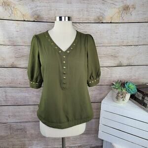 41 Hawthorn Women's Lisbon Studded V-Neck Short Sleeve Blouse Green XS‎